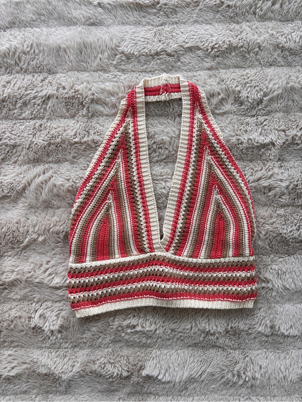 Striped Crochet Halter Top in Red and Cream